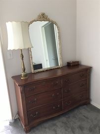 Dark Wood Dresser, Wall Mirror & Table Lamp