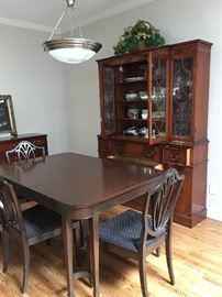 Vintage Dining Table & Chairs, Glass Front China Hutch with pull out writing desk