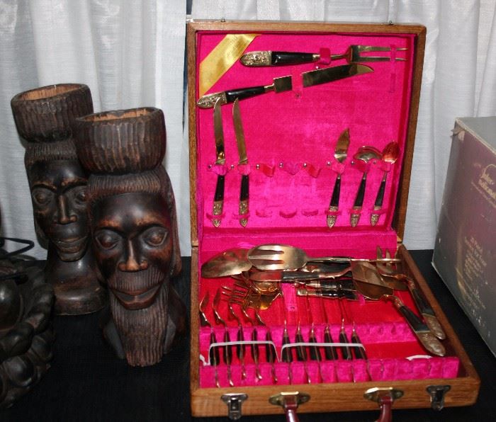 Original hand carved Jamaican heads + Brass utensil set.