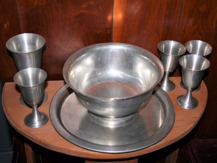 Pewter bowl, tray and goblet set. 