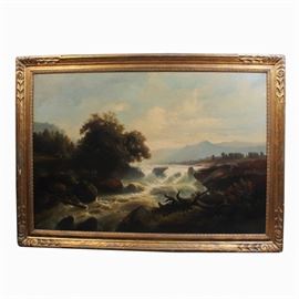 Johann-Hermann Carmiencke Oil Painting on Canvas: An oil painting on canvas by Germany painter Johann-Hermann Carmiencke (1810-1867). This landscape painting depicts a rushing river framed by rocky shores and full trees. Two figures stand on a boulder to the left of the river with one figure pointing out towards the water. The background of this painting is filled with a cloudy blue sky above a large mountain. The painting is signed and dated in the bottom right corner and is presented in a gilded wooden frame. Johann-Hermann Carmiencke was a German-born landscape painter and print maker. Notably, Carmiencke served as court painter to the King of Denmark from 1846-1851. After his tenure with the Danish Crown, Carmiencke settled in the United States where he became associated with the Hudson River School. For more information, please see the link below.