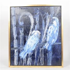 Hunt Slonem Oil Painting on Board: An oil painting on board by Hunt Slonem (1951). In several shades of blue, this painting depicts a pair of birds perched on a branch surrounded by other foliage. The artist uses heavy impasto to create a contrast between vertical and horizontal lines throughout the painting. It is signed and dated 2010 to the back of the board and presented in a gold tone wooden frame. Hunt Slonem is an American artist and member of the Neo-Expressionist art movement. His work, often featuring tropical elements such as birds, was largely inspired by his time in Nicaragua. For more information see the link below.