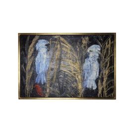 Hunt Slonem Oil Painting on Canvas "Scarlet's Return": A oil painting on canvas by American artist Hunt Slonem (1951). This painting depicts a pair of blue-tinged birds surrounded by gold tone foliage with a red accent near the lower left corner. The painting is signed, titled, and dated to the back of the canvas. It is presented in a gold tone and brown wooden frame with a hanging wire attached to back. Hunt Slonem is an American artist and member of the Neo-Expressionist art movement. His work, often featuring tropical elements such as birds, was largely inspired by his time in Nicaragua. For more information see the link below.