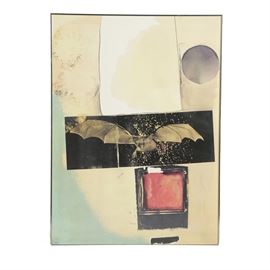 Robert Rauschenberg Limited Edition Offset Lithograph on Paper: A limited edition offset lithograph on paper titled Rays by well-listed American artist Robert Rauschenberg (1925 – 2008), created in 1973. Depicted is a composition with abstract shapes and a bat flying in the center of the composition. Below the bat is a deep red square that resembles a gem stone. Numbered 9 out of an edition of 95. This piece is signed and dated in graphite to the lower left. Presented behind acrylic glass within a silver tone metal frame.