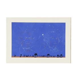 Milton Glaser Lithograph on Paper with Hand Painted Embellishments of Abraham Lincoln and George Washington: A lithograph on paper with hand painted embellishments of Abraham Lincoln and George Washington by listed New York artist Milton Glaser (b. 1929). Depicted is a group of figures stands in a row looking towards the sky. Fireworks are being set off and form portraits of Abraham Lincoln and George Washington. This piece is signed in plate to the lower center. Work is presented unframed in a white mat.