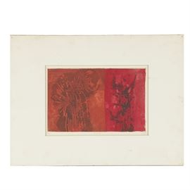 John Ihle Limited Edition Intaglio Print on Paper "Cry Wolf": A limited edition intaglio print on paper titled Cry Wolf by American artist John Ihle (1925-2002). This abstract print is divided into an area with an orange background on the left and an area with a red background on the right. Jagged, splotchy forms occupy the composition, featuring erratic delineations and splattered designs throughout. The print is signed by hand in graphite to the lower right margin, titled to the lower center margin, and numbered 3 out of an edition of 20 to the lower left margin. It is presented on cardboard backing under a white mat; the work remains unframed.