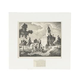 Thomas Hart Benton Limited Edition Lithograph on Paper "County Politics" 1973: A limited edition lithograph on paper titled County Politics by famed American painter and artist Thomas Hart Benton (1889-1975), executed in 1973. Depicted in Benton’s familiar American Regionalism style is a small town scene with a small gathering taking place in the foreground. Four men stand in a semi-circle presumably discussing the politics of the town and county they reside in. Behind the is a domed-top government building and surrounding landscape of the region. Signed to the lower right in graphite. Edition of 250 notation to the lower left. View window below the print provides a short biography for Benton. Presented with a white mat.