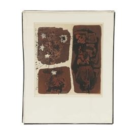 John Ihle Artist's Proof Color Etching on Paper "Milkwort": An artist’s proof color etching on paper titled Milkwort by American artist John Ihle (1925-2002), created in 1962. This work features three maroon rectangular sections filled with various shapes, explosive designs, and erratic arrangements. Black splatters, splotches, and irregular hatch marks fill the abstract composition. The work is dated and signed by hand in graphite to the lower right margin, titled to the lower center margin, and marked “A/P” to the lower left margin. It is presented under white matting in remnants of a protective plastic sleeve; the work remains unframed.