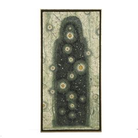 Dmitry Sandjiev Oil Painting on Linen Canvas "The Cracked Time": An oil painting on linen canvas titled The Cracked Time as part 4 in the series The Shooting of Buddha by listed Russian artist Dmitry Sansjiev (20th-century), created in 2002. Depicted in a sort of “cracked” appearance as the title would suggest, the work features a methodical composition of continuous, random lines in the form of cracks. A dark, silhouette form appears in the center of the canvas with sporadic circular forms throughout. Signed and dated in ink to the lower right. Inscribed to the verso with informative labeling in both Russian and English, again signed. Presented without glass, float mounted in a box frame.