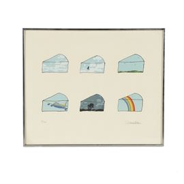 Signed Limited Edition Serigraph on Paper of Abstract Composition: A signed limited edition serigraph on paper composition of sky fractions. Depicted are two rows of wedge shapes depicting different sky elements including birds, rainbows, and an airplane. Numbered 2 out of an edition of 20. Signed illegibly by hand in graphite to the lower left. Presented behind acrylic glass in silver-tone metal frame.