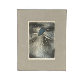 Limited Edition Lithograph on paper "Fable": A signed limited edition lithograph on paper titled Fable. Depicted is a school of fish swimming towards a blue leaf. Labeled as an artist’s proof to the lower left. Titled in graphite to the center margin and signed illegibly by hand to the lower right. Presented without glass in a linen liner.