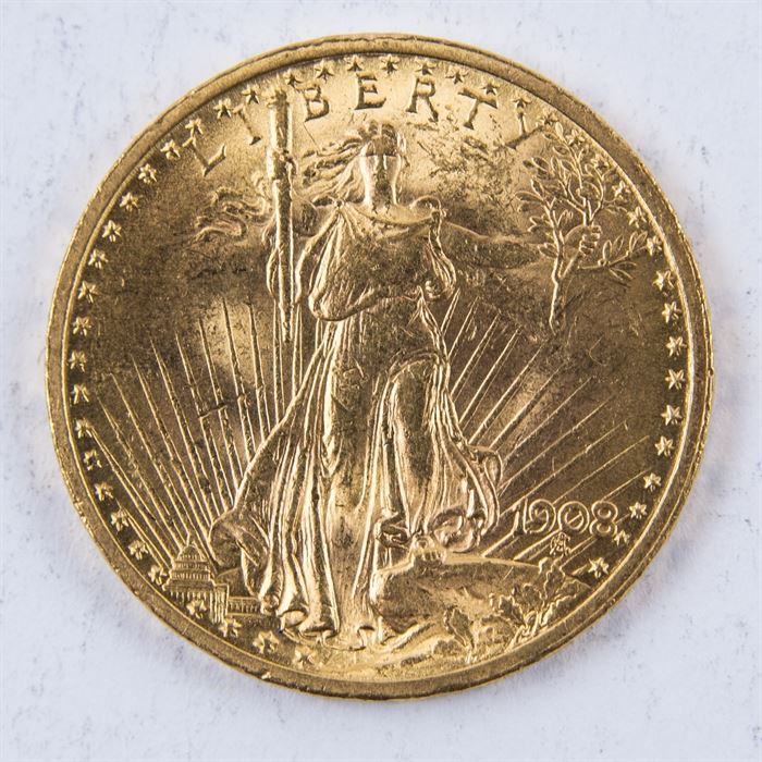 1908 St. Gaudens No Motto Twenty Dollar Gold Coin: A 1908 St. Gaudens no motto twenty dollar gold Coin. Designer: Augustus Saint-Gaudens. Metal Content: 90% gold, 10% copper. Diameter: 34.00 mm. Weight: 33.40 grams.