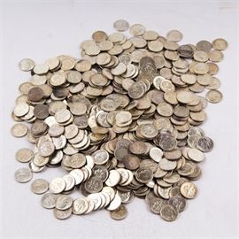 Large Grouping of Roosevelt Silver Dimes: A large grouping of approximately 568 Roosevelt silver dimes that range from 1946 to 1964. Metal Content: 90% silver, 10% copper. Diameter: 17.9 mm. Weight: 2.5 grams (each).