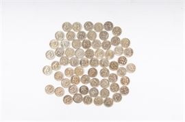 Grouping of Benjamin Franklin Silver Half Dollars: A grouping of approximately 65 Benjamin Franklin silver half dollars ranging from 1948 to 1961. Designer: John R. Sinnock. Metal Content: 90% silver, 10% copper. Diameter: 30 mm. Weight: 12.5 grams (each). Circulated. Conditions vary.