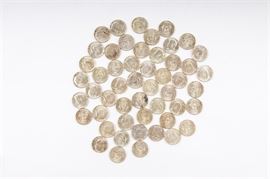 Grouping of 1964 Kennedy Silver Half Dollars: A grouping of approximately fifty-one 1964 Kennedy silver half dollars. Designer: Gilroy Roberts. Metal Content: 90% silver, 10% copper. Diameter: 30 mm. Weight: 12.5 grams (each). See also 17CIN316-070.