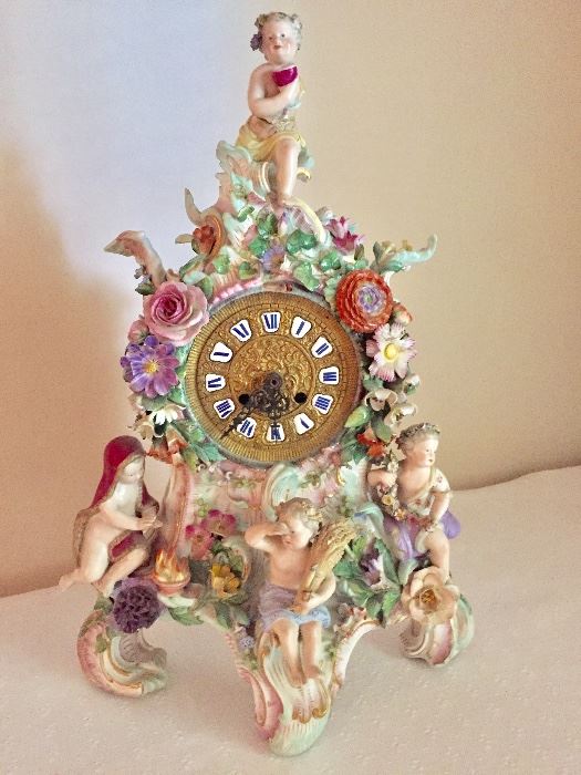 Antique Meissen Porcelain Clock.  "Four Seasons". Not in working condition. Has been retrofitted to operate with batteries.