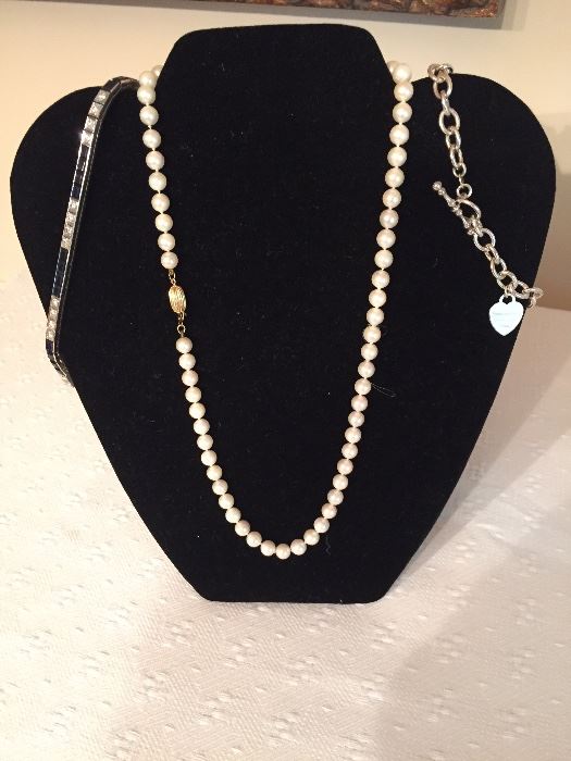 14K Diamond & Sapphire Tennis Bracelet, Pearls with 14K clasp, Sterling charm bracelet