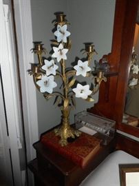Vintage brass candelabra with milk glass flowers