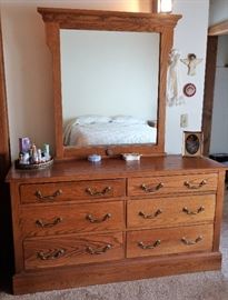 : Bedroom Set Including: Double Bed, 5 Drawer Chest, 6 Drawer Dresser w/Mirror, & Night Stand