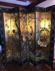 large 6 panel gilt and lacquer Asian screen, dramatic