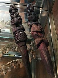 Peru, carved wood figural stakes