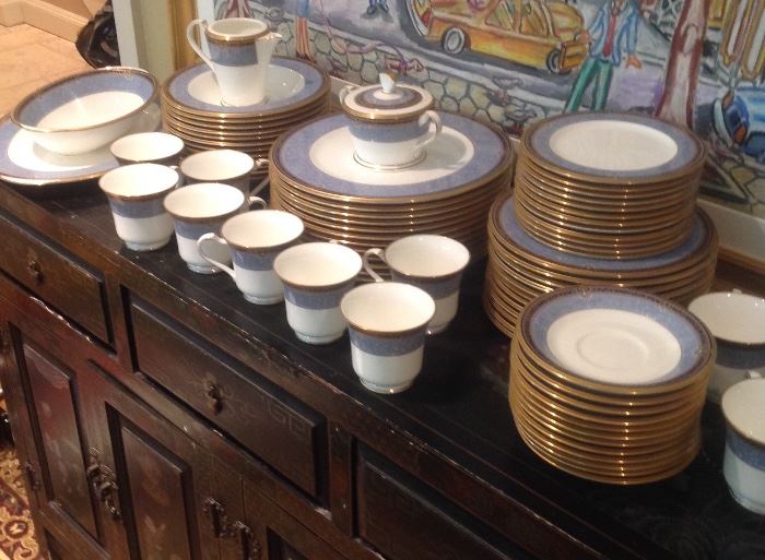 Noritake blue and gold banded dinner service for 12