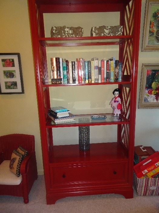 Red Lacquered Etagere   36"W X 17"D X 80"H