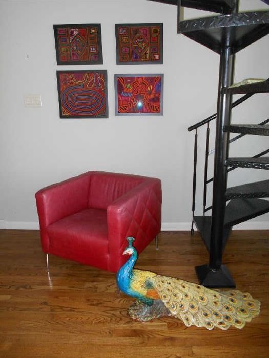 1 of 2 Red Leather Cube Chairs, Italian Ceramic Peacock