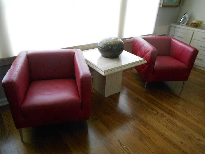 Pr of Red Leather Cube Chairs   Travertine Side Table