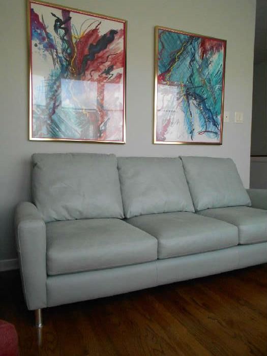 Pale Blue Leather Sofa,  Framed Artwork