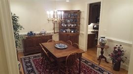 18th Century Tall Mule Chest-paneled oak, 2 drawers at bottom, English.  19th Century Corner cupboard-mixed wood, 16 panes, original glass American (Virginia). 19th Century Dining Table-North Carolina  