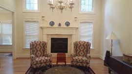 Set of 2 Chippendale Wingback  Chairs custom made fabric of Navy, Burgundy & Off White