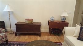 19th Century Blanket Chest-Walnut, Bracket Feet, American.  19th Century Drop Leaf Table, turned legs, one drawer, American