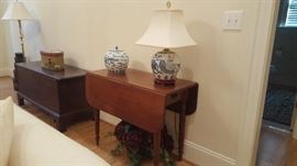 19h Century Drop Leaf Table.  Walnut, turned legs, one drawer, American.