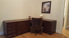 Executive Cherry Corner Desk with file drawers and Printer Cabinet.  Matching Leather Chair and Lateral File Cabinet.