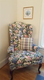 Queen Anne Wingback Chair with matching Ottoman.  Custom made fabric Blue, Green, Pink.  Also have matching throw pillows and shower curtain.