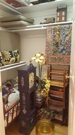 Misc. Décor. Rocking Chair and 2 Kids Ladder back chairs. 19th Century Windsor Cradle-Oak, American (North Carolina).