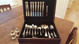 Gorham Chantilly service for 8 plus 1 extra dinner fork, 1 extra salad fork, 2extra teaspoons, 1 child's fork, 1 soup ladle, 1 sugar shell, 1 butter knife, 1 lemon fork, 1 pickle fork, 1 jelly spreader, 1 cold meat fork, 1 Table spoon, 1 pierced Table spoon.  18 Demitasse spoons.  Salt and Pepper shakers.