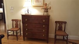 19th Century Lyre Back Side Chairs - Birdseye Maple, Cane Bottom, Set of 2 American.  19th Century 4 Drawer Chest - Walnut American ( North Carolina). Pat Buckley Moss Limited Edition Print/Signed.
