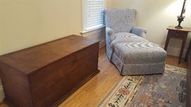 19th Century Blanket Chest - Walnut no feet. Hand Hooked Rug 100% wool Blue/Multi 8' x 10' Bedroom chair with matching ottoman Blue and White. Small Custom made Hepplewhite Side Table 14 x 14.