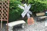 concrete garden bench, authentic Railroad Crossing, '2nd Track' steel sign