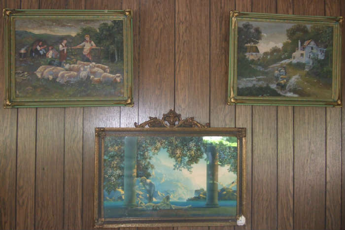 fabulous piecrust frames with original oil paintings - 5 total! -  and one large Maxfield Parrish print 'Daybreak' - some damage to print & frame