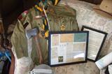 1948=49 Boy Scout uniform, hatchet, cap, belt, mess kit, membership cards