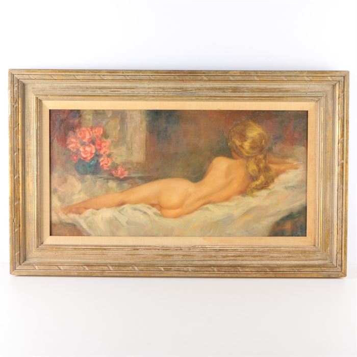 1966 Vivian Burtchby Oil on Canvas "Beautiful Dreamer": A 1966 oil painting on canvas by listed artist Vivian Birtchby (1911-1976). Titled Beautiful Dreamer this depicts a reclining female nude from the back, a popular trope in Western art traditions. The painting is signed in the bottom right and presented a pale gold wooden frame that is wired for hanging. It is dated, signed, and titled on verso, with a stapled artist card.