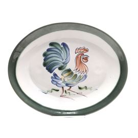 2004 Louisville Stoneware "Rooster" Plate: A 2004 Louisville Stoneware Rooster plate. This stoneware plate from Louisville Stoneware features a colorful Rooster to the center with a gray/black band on the rim. The plate is marked on the underside “Louisville Stoneware Made in Kentucky, 2004.”