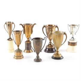 Assorted Metal Trophies: An assortment of seven trophies. The trophies are made of various cast metals and plastic. Some are silver tone and some are bronze tone. Many are supported by bases. Each is inscribed or personalized for events.