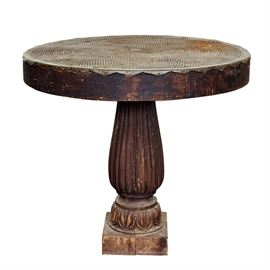 Home Made Mixed Material Parlor Table: A vintage to antique hand made mixed material parlor table. This round top table is constructed of recycled materials and features a removable round top with round pierced metal scalloped edge cover, reeded pedestal with leaf motif bottom and square base.