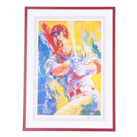 LeRoy Neiman Offset Lithograph of Mark McGwire: An offset lithograph of former St. Louis Cardinals Major League Baseball player Mark McGwire by listed artist LeRoy Neiman (1921 – 2012). The work depicts McGwire holding a bat, looking upward in vibrant primary colors. The work is signed in plate and in ink to the lower right by the artist. It is presented in a white mat and a red frame under glass. The piece is wired on the verso for hanging.
