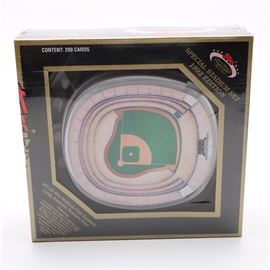 Topps 1992 Stadium Club Cards: A 1992 Topps “Special Stadium Set” of baseball cards. This set features 200 cards with 100 draft pick card; fifty six All-Stars of both the American and National Leagues; Team U.S.A. Olympic baseball team cards; and nineteen League Championship and World Series cards. The set comes packaged in a miniature replica of Jack Murphy Stadium and is presented unopened in its original packing.