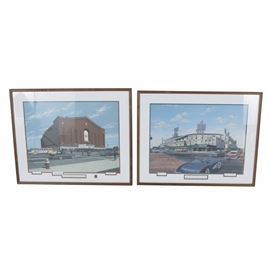William Moss Limited Edition Lithographs of Detroit Stadiums: A pair of limited edition offset lithographs of stadiums by William Moss. One print depicts the Olympia stadium with a sign for the Detroit Red Wings, edition 579 of 1500. The piece includes a COA indication it has been autographed by Gordon Howe. The other depicts Briggs Stadium of the Detroit Tigers, number 797 in an edition of 1500. The pieces are presented matted and housed in wooden frames with hanging wire affixed to verso.